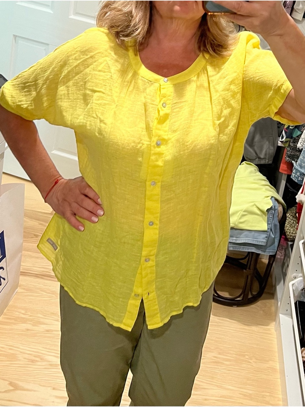 Saint James Sunny Yellow Button-Front Women’s Top blouse linen size 40/US 10